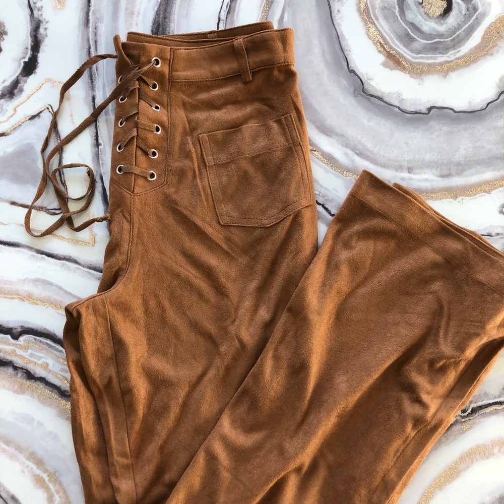 Suede Lace Up Flare Pants